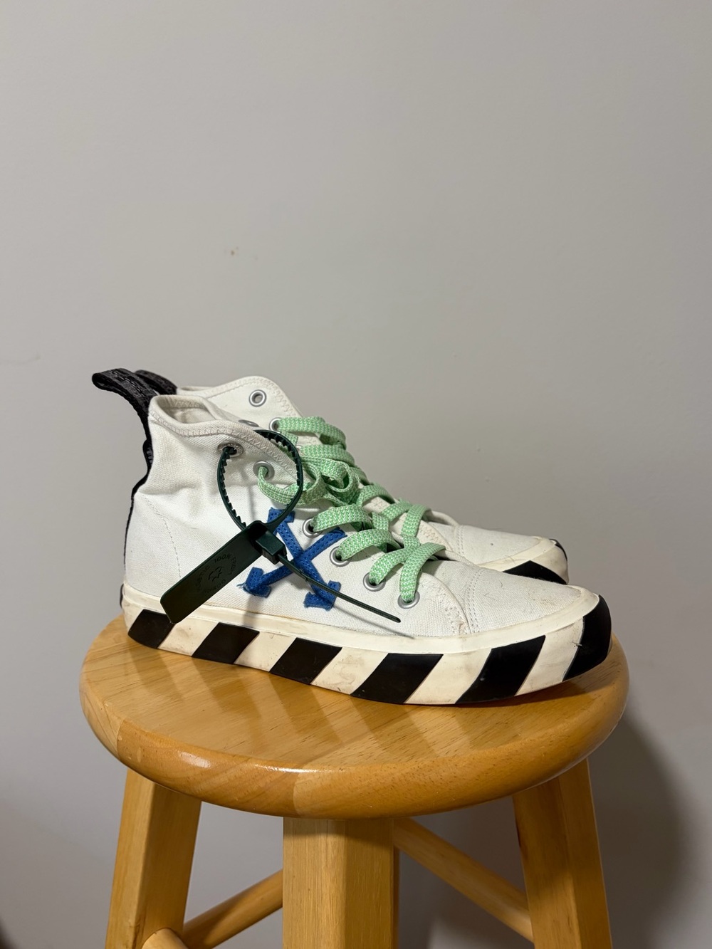 Off-white High-Top Canvas Sneakers in White with Black Stripe and Green Laces